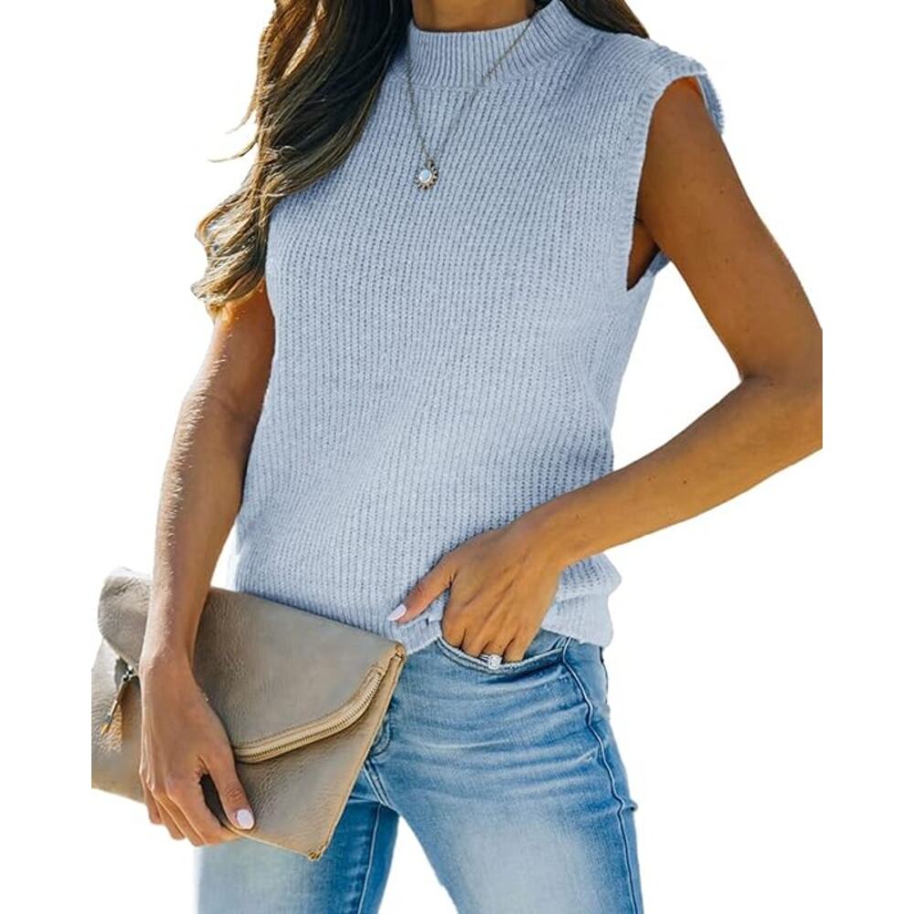 Amarmia Women's Mock Neck Knit Sweater Sleeveless Medium, Blue